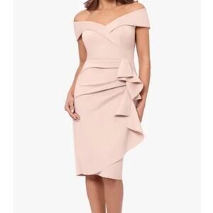 Xscape Evenings NWT Women's Pink Ruffle Scuba Off-The-Shoulder Dress Size 16